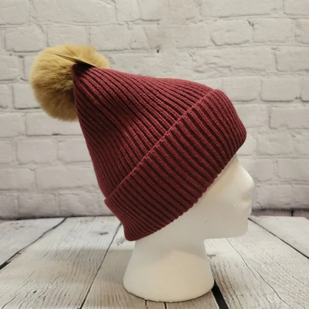 Steve Madden Women's Ribbed Furry Pom Pom Beanie